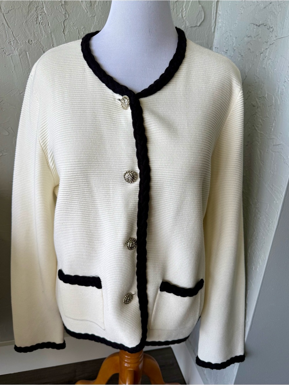 NWT, Karl Lagerfeld Cream Cardigan with Black Trim and Decorative Buttons
